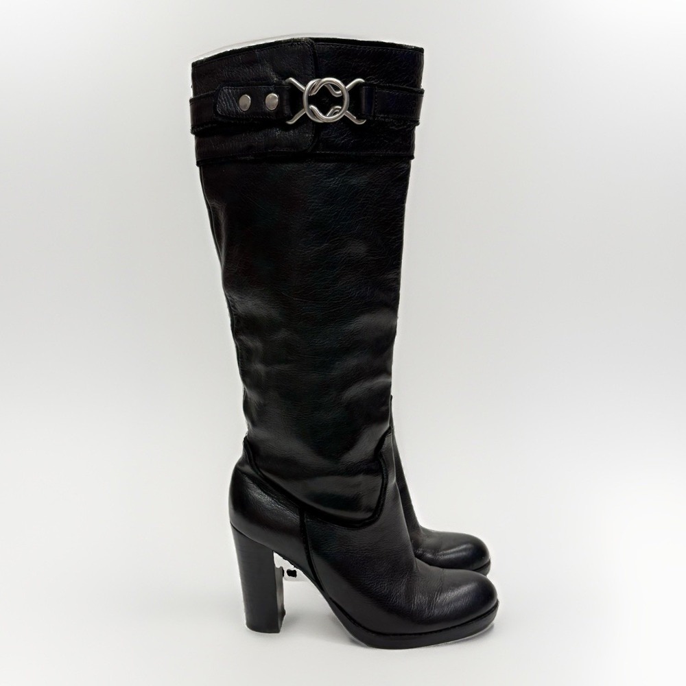 Nine West Black Pebbled Leather Knee High Buckle Boots 90s Y2K Women's 6.5 M